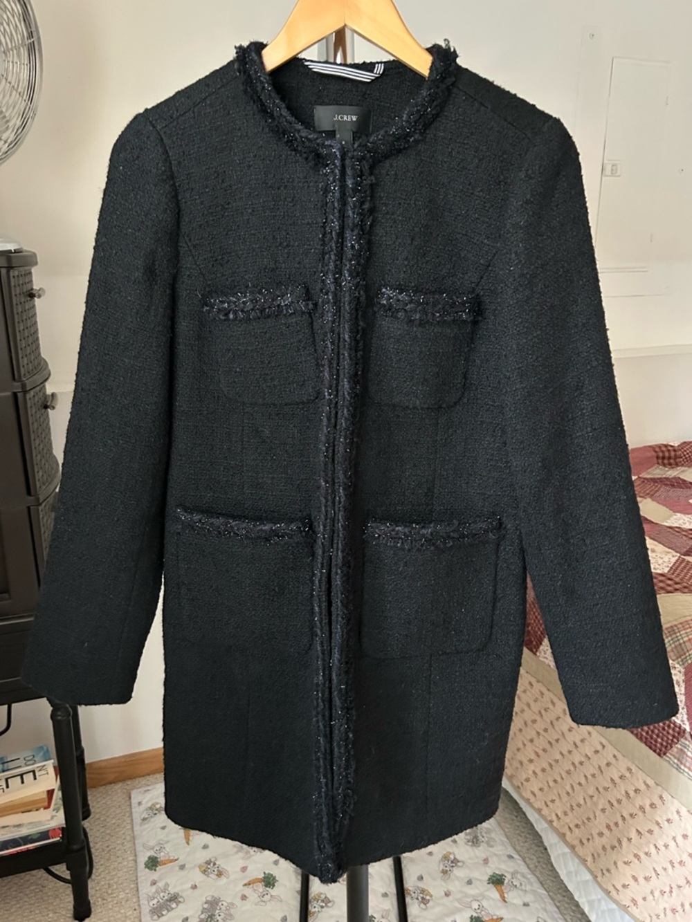 J. Crew Lady Coat Tweed Fringe Trim Jacket Black 6